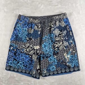 Johnny Was Swim Trunks Shorts Men's Medium Blue Black Lined Floral Crane Beach